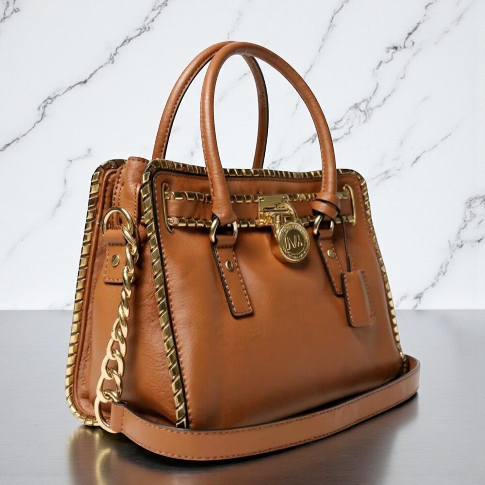 Michael Kors Hamilton Rich Brown Gold Chain Satchel Quiet Luxury Like New - Picture 5 of 16